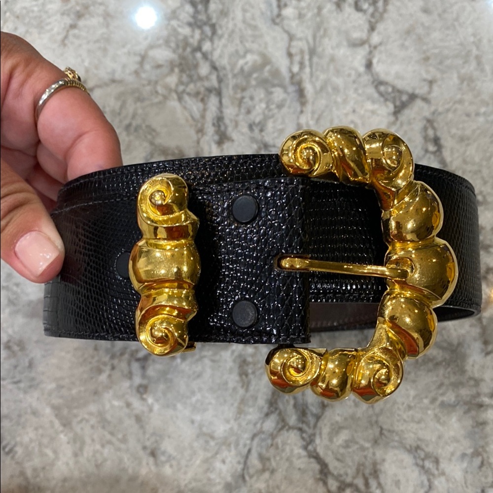 Kleinberg Sherrill Genuine Exotic Leather Belt w/ Gold Bubbly Buckle Detail 1988